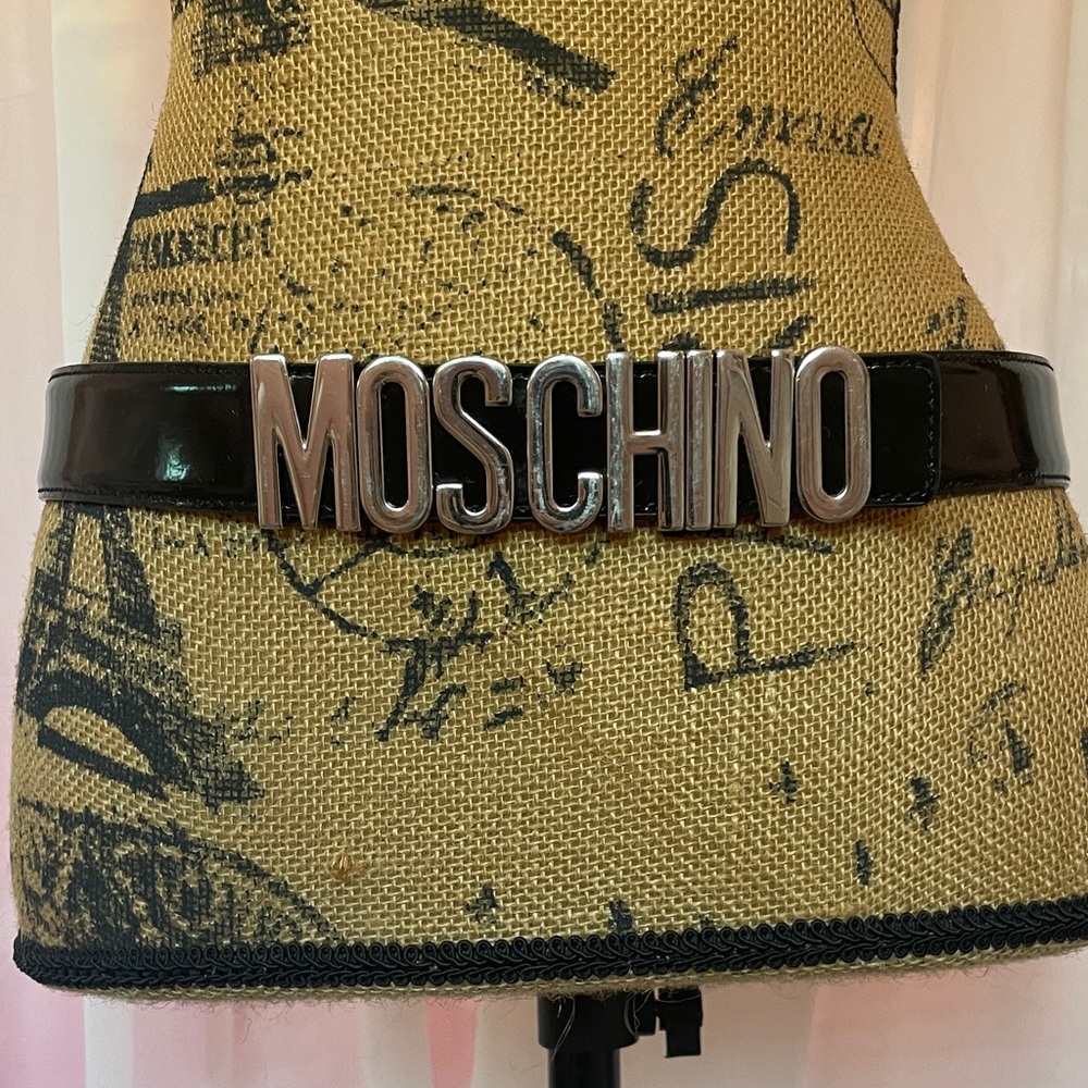 Moschino Glossy Black Patent Leather Belt with Silver Lettering
